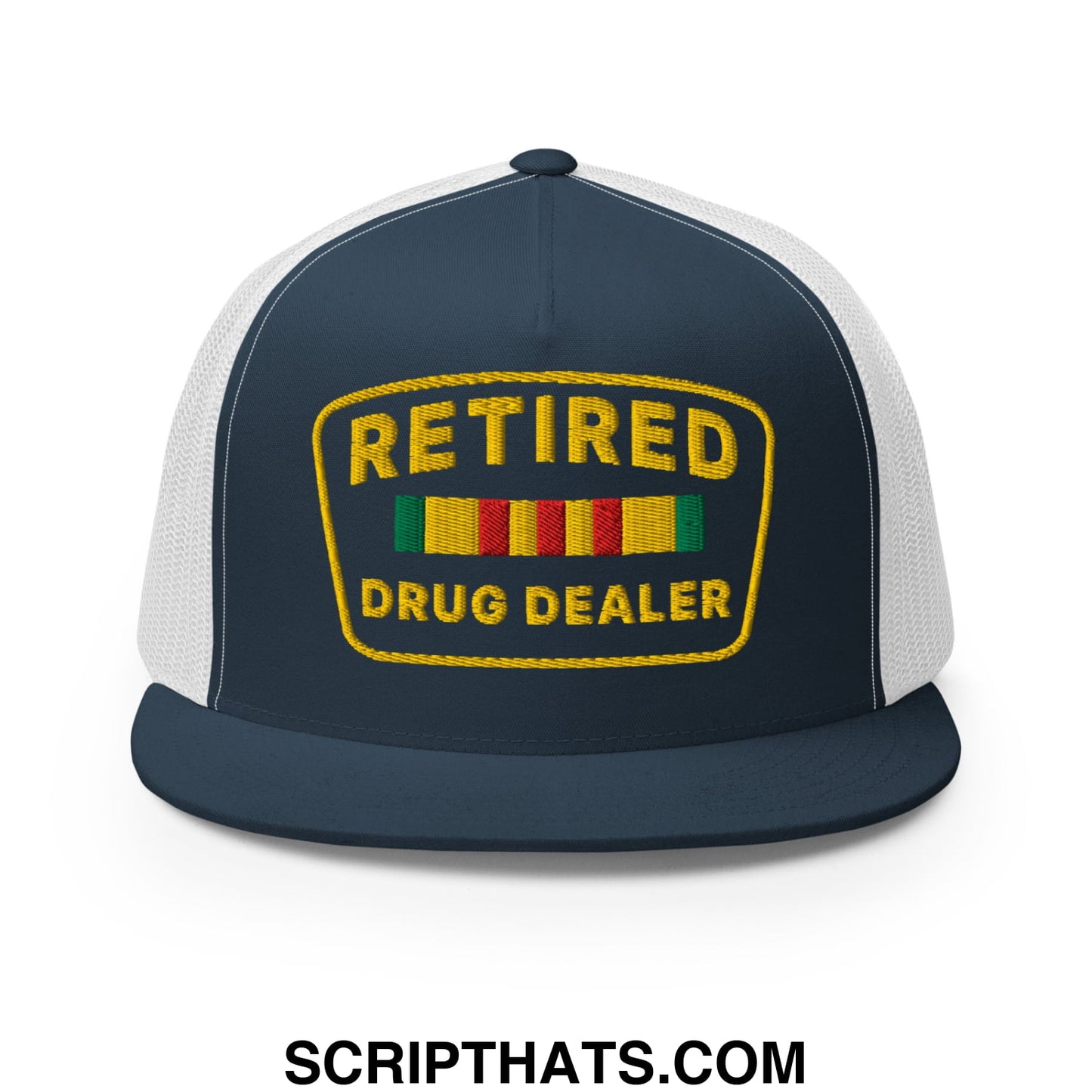 Navy blue and white mesh trucker hat with yellow embroidered retired drug dealer patch and colorful ribbon stripes
