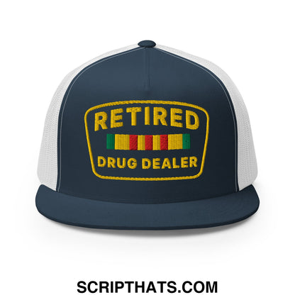 Navy blue and white mesh trucker hat with yellow embroidered retired drug dealer patch and colorful ribbon stripes