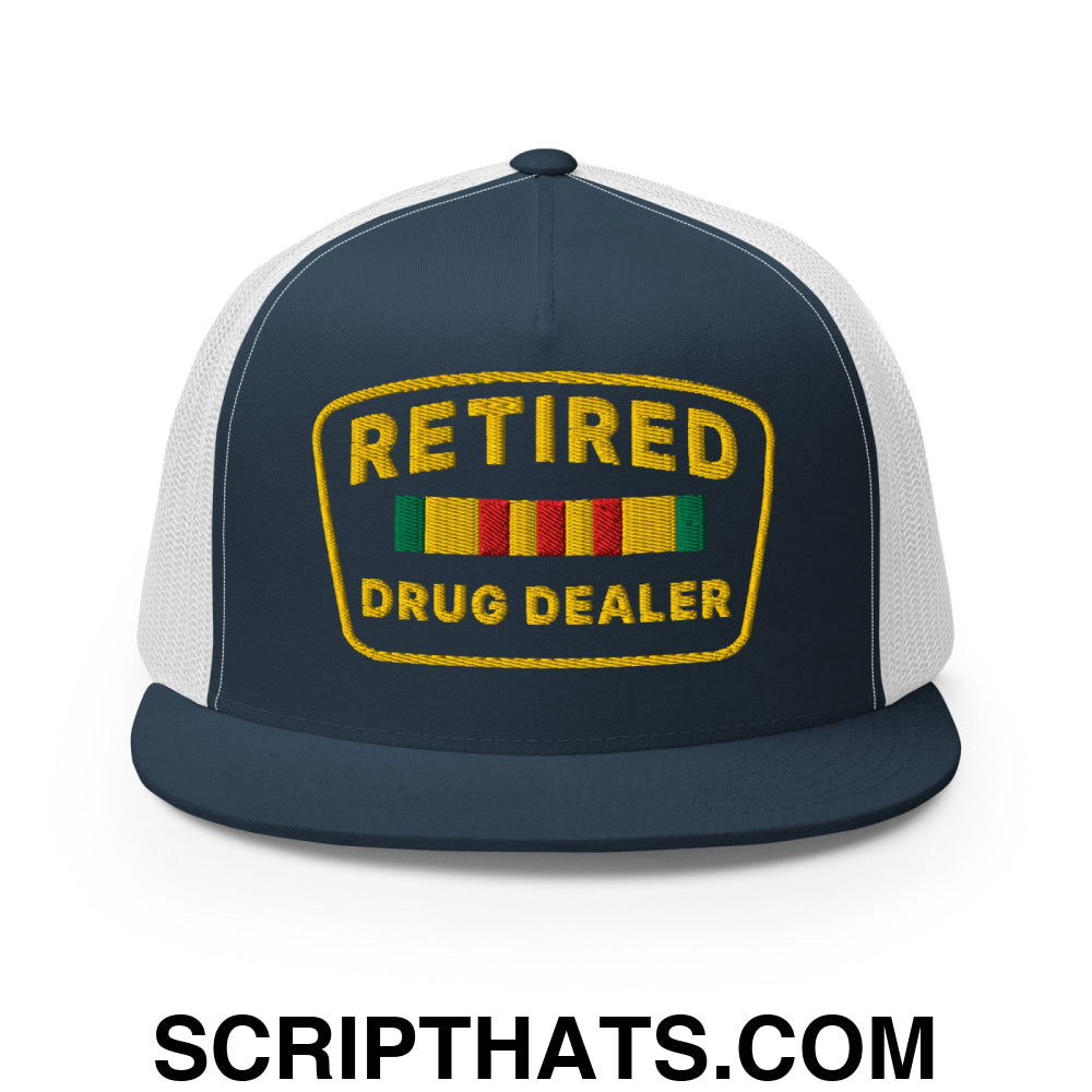 Retired Drug Dealer Embroidered Flat Bill Brim Mesh Trucker Hat Navy White