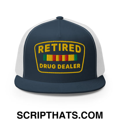 Retired Drug Dealer Embroidered Flat Bill Brim Mesh Trucker Hat Navy White