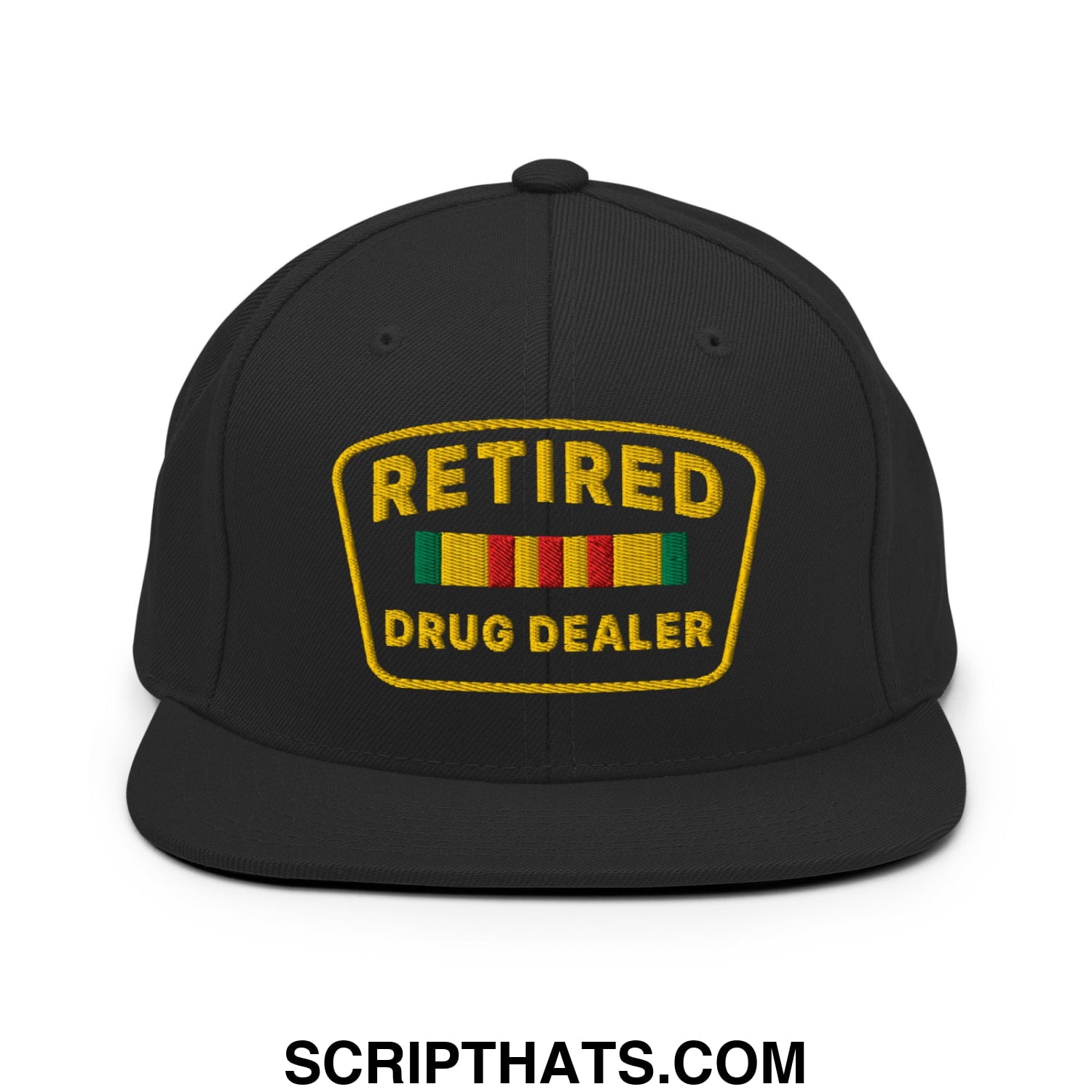 Black snapback cap with gold embroidered retired drug dealer patch and colorful striped ribbons on flat bill brim