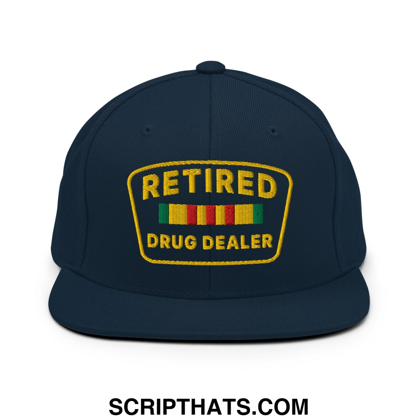 Dark navy blue snapback hat with a bold yellow embroidered retired drug dealer patch and colorful striped ribbon design