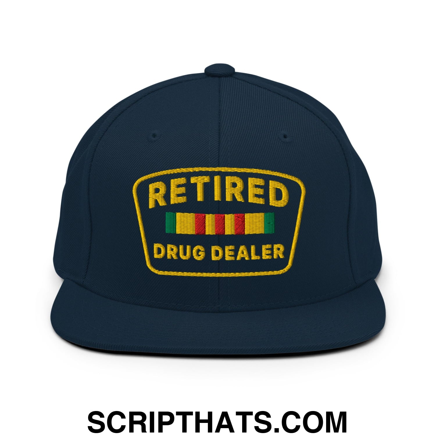 Retired Drug Dealer Embroidered Flat Bill Brim Snapback Hat Dark Navy