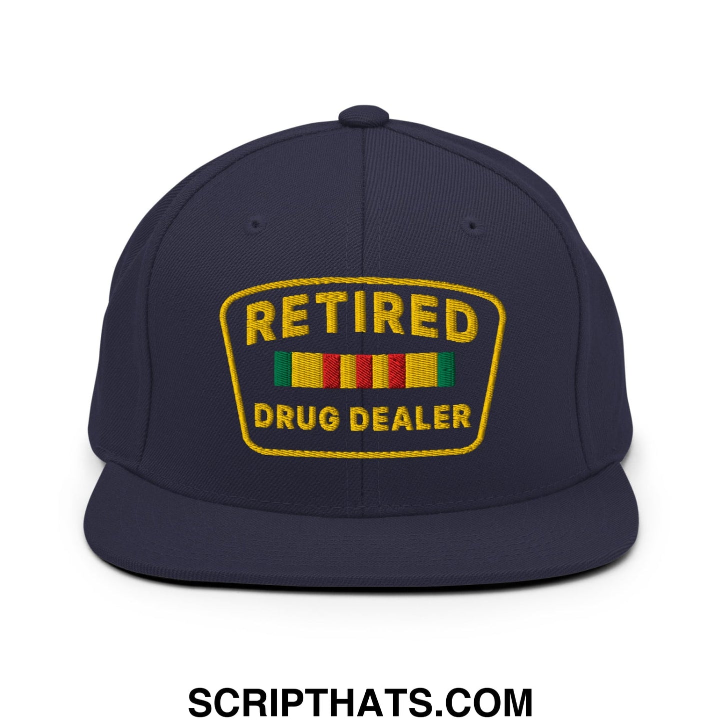 Navy blue snapback hat with gold embroidered retired drug dealer patch and colorful striped ribbon details