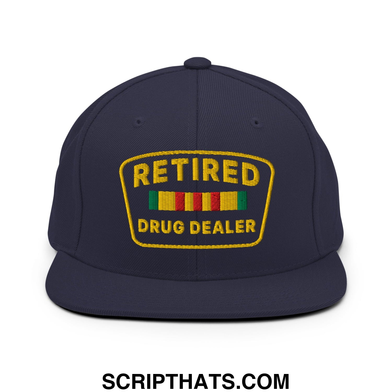 Navy blue snapback hat with gold embroidered retired drug dealer patch and colorful striped ribbon details