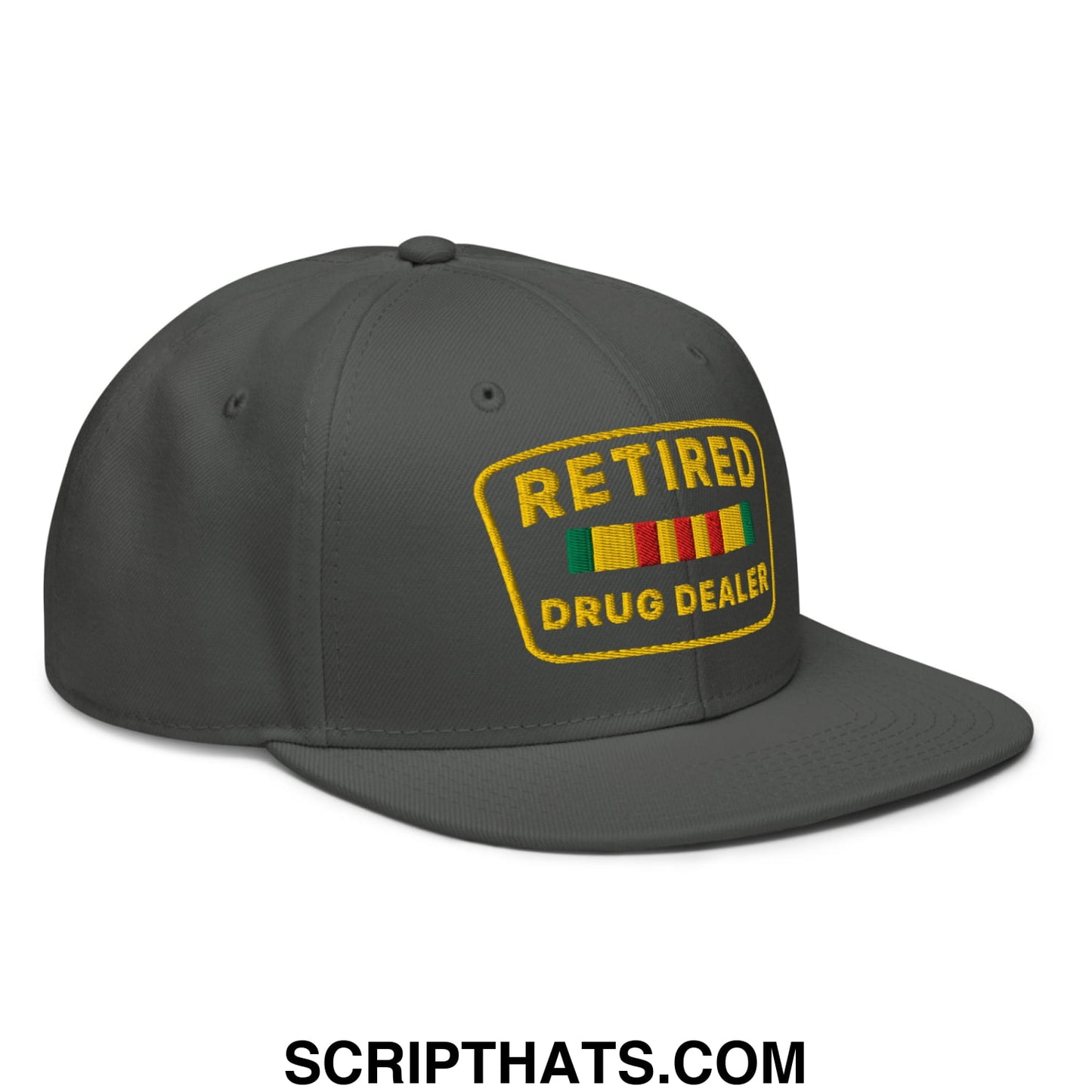 Dark gray snapback cap with yellow embroidered retired drug dealer patch and colorful ribbon stripes on the front