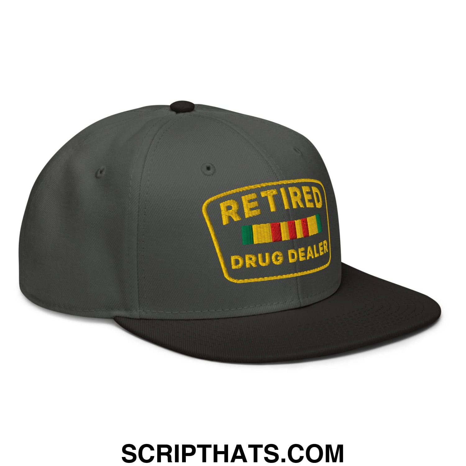 Dark gray snapback hat with yellow embroidered retire drug dealer patch and green red gold stripe accents