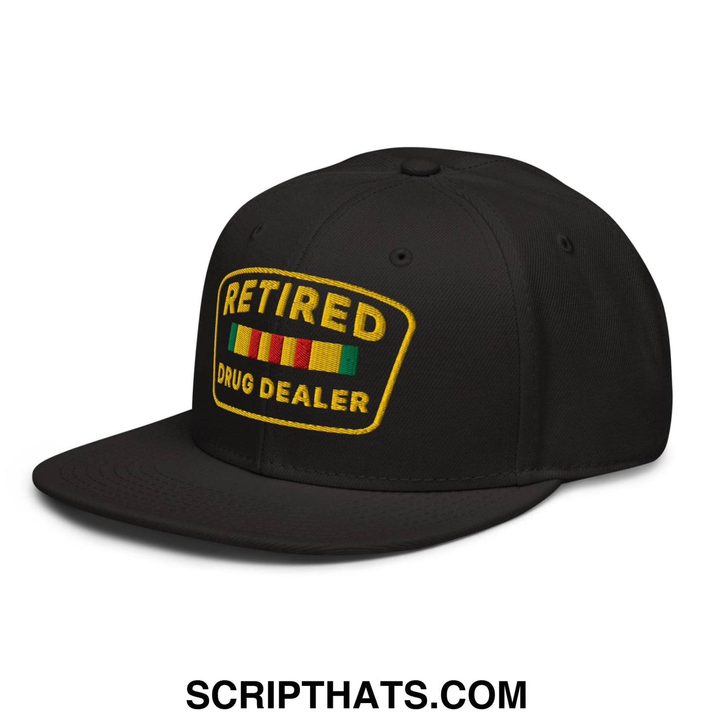Black snapback hat with yellow embroidered retired drug dealer patch and rastafarian color stripes on flat brim bill
