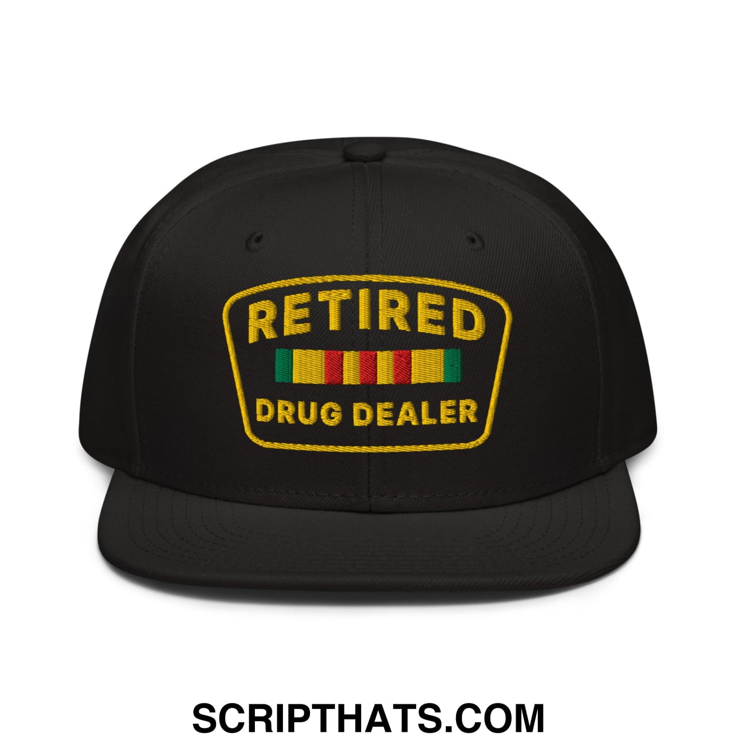 Black snapback cap with gold embroidered retired drug dealer patch and colorful striped ribbons flat brim bill