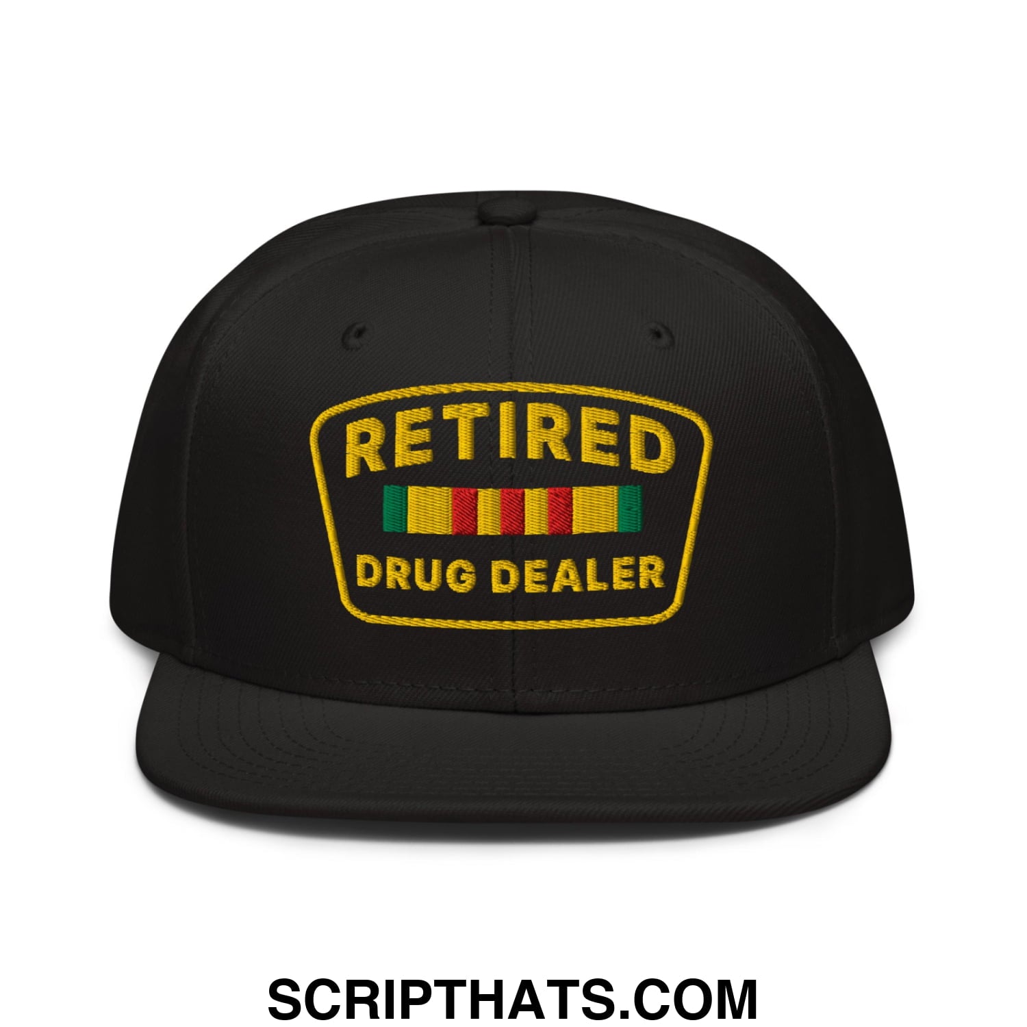 Black snapback cap with gold embroidered retired drug dealer patch and colorful striped ribbons flat brim bill