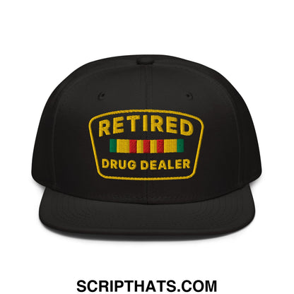 Black snapback cap with gold embroidered retired drug dealer patch and colorful striped ribbons flat brim bill