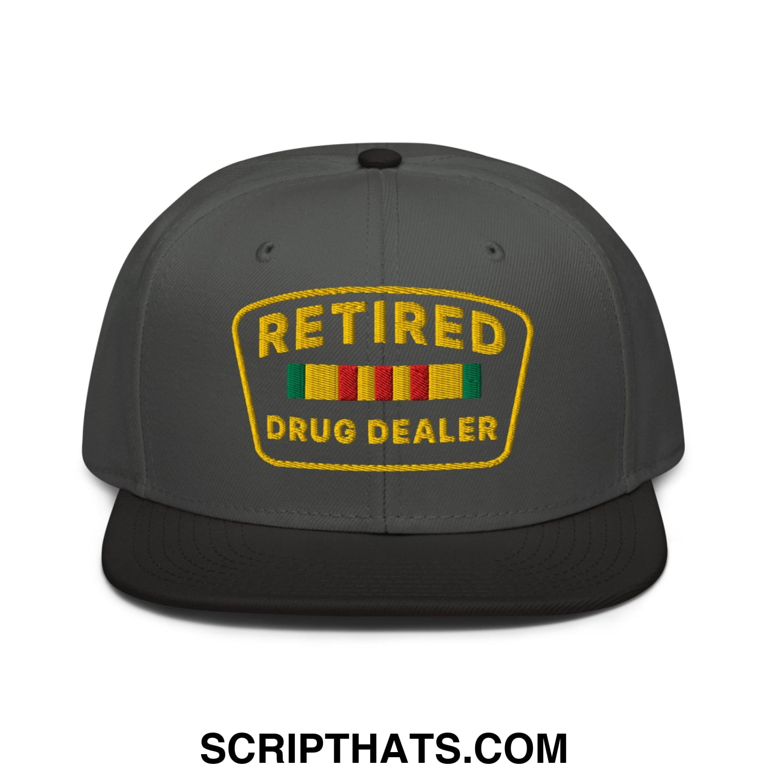 Dark gray snapback cap with black brim and yellow embroidered patch reading retire above colorful stripes drug dealer text