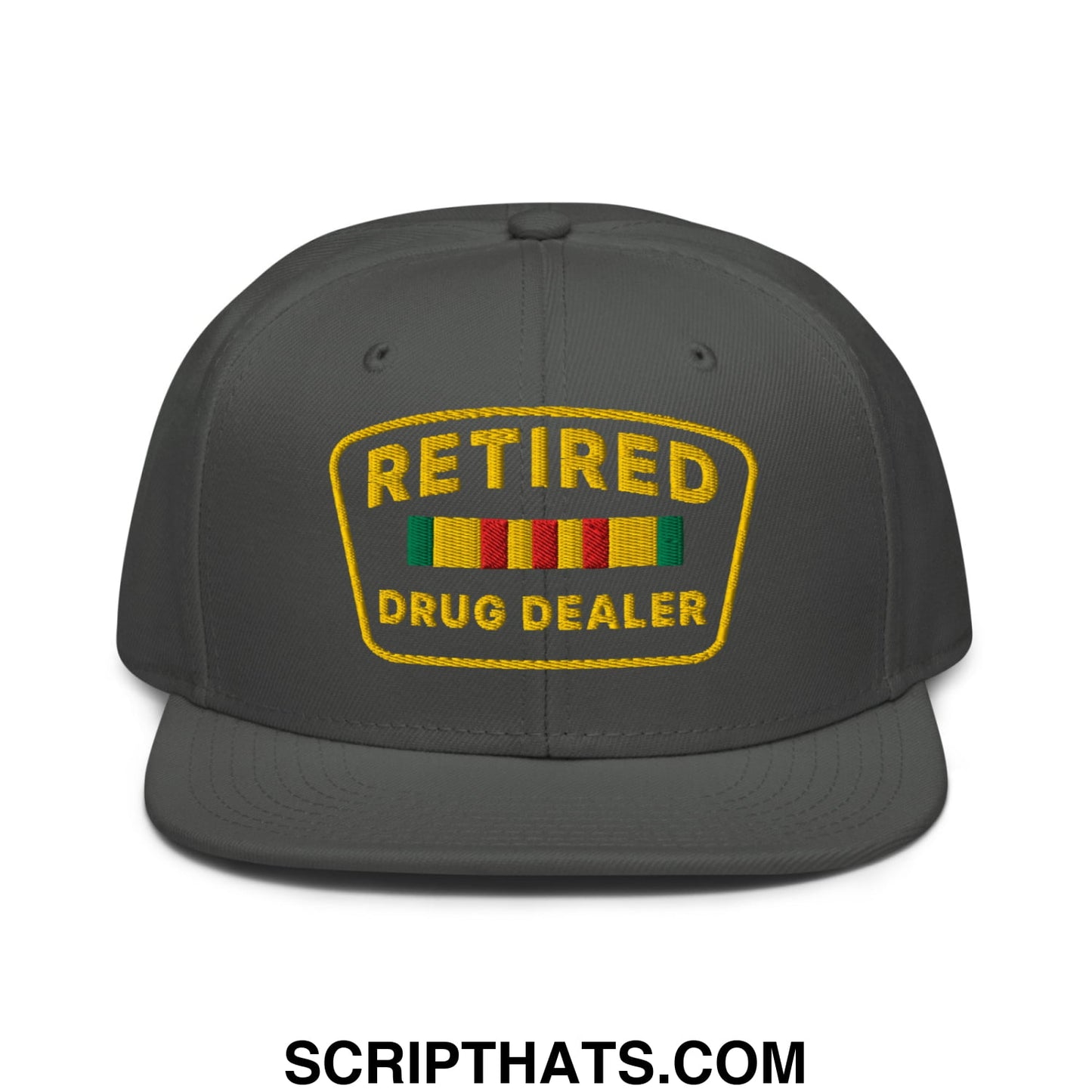 Dark gray snapback cap with yellow embroidered retired drug dealer patch and colorful striped ribbons on flat bill