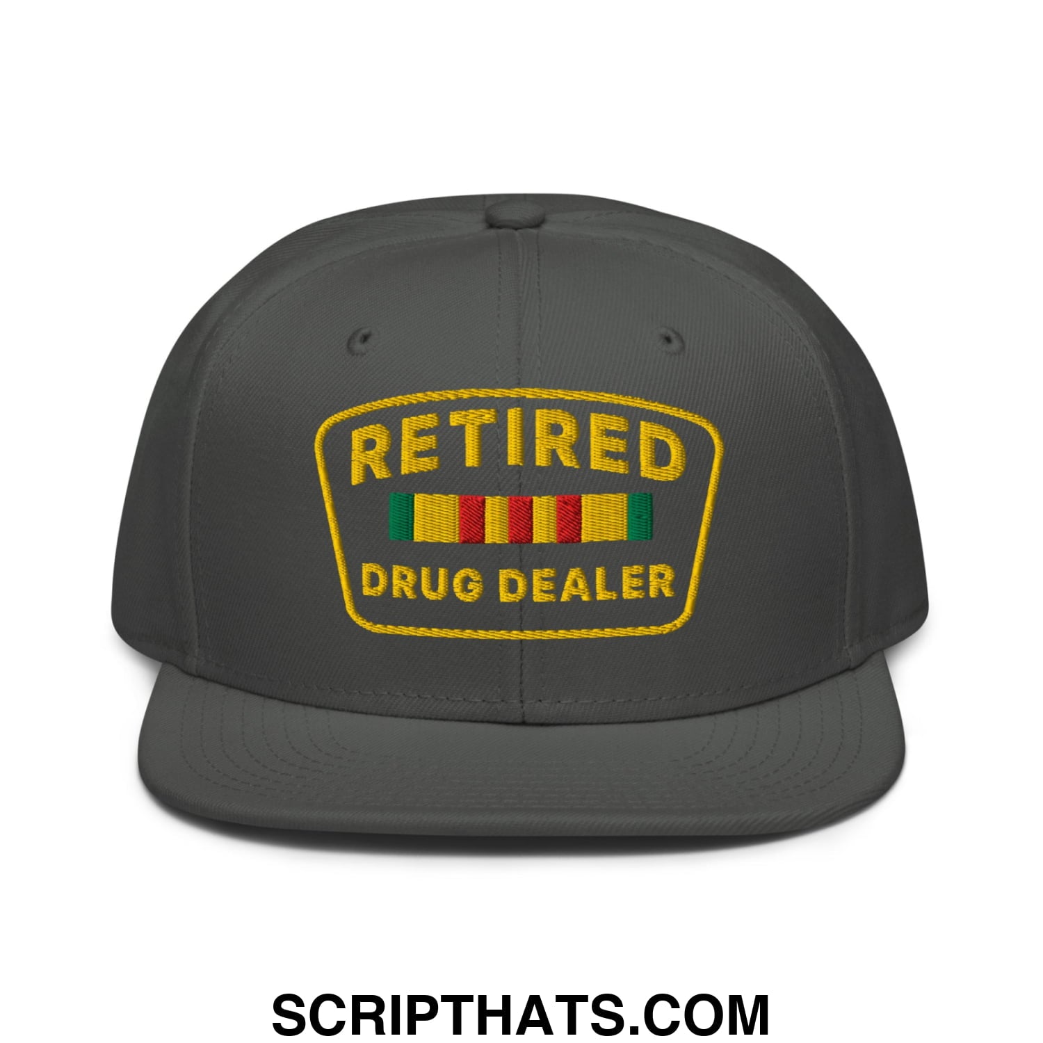 Dark gray snapback cap with yellow embroidered retired drug dealer patch and colorful striped ribbons on flat bill