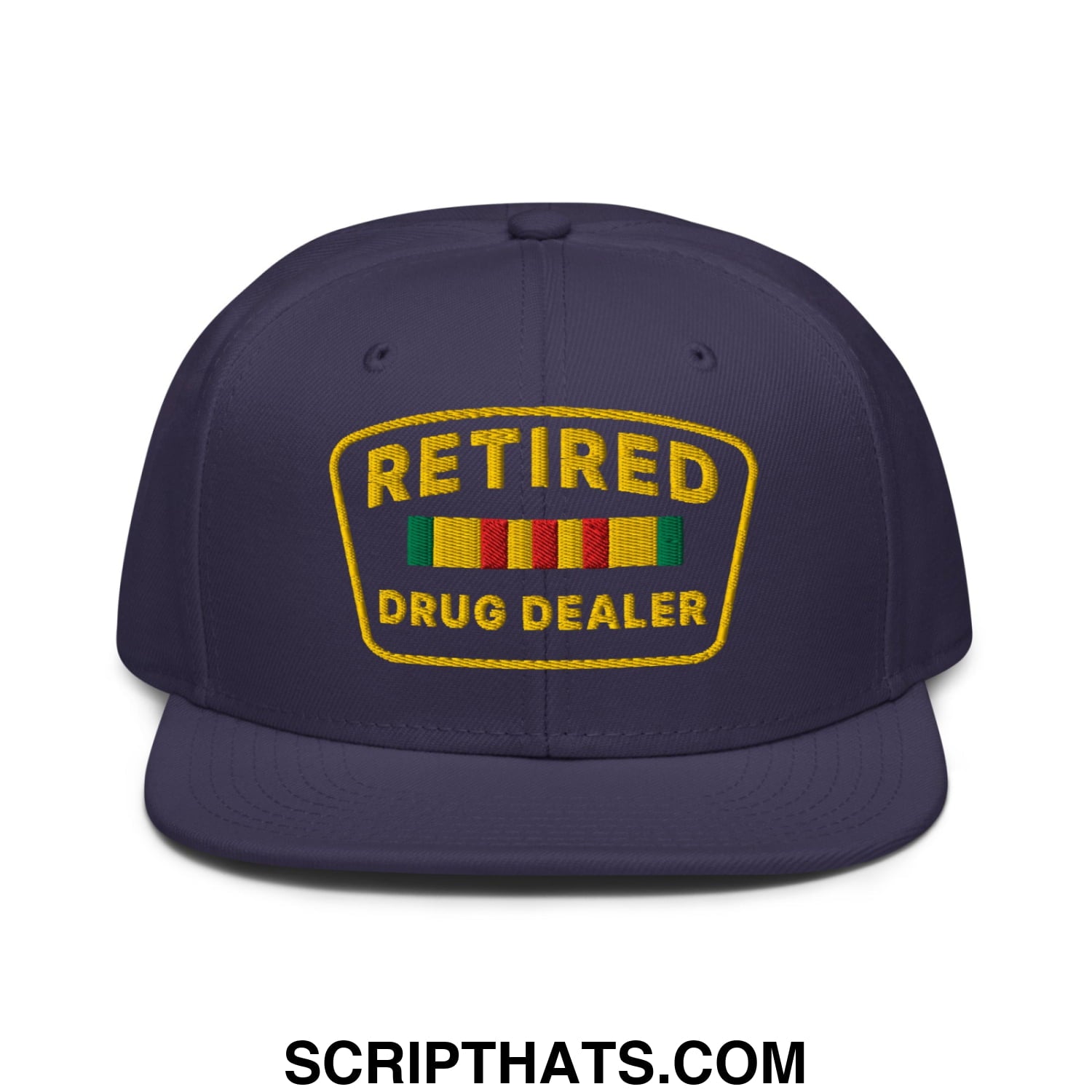 Navy blue snapback hat with gold embroidered retired drug dealer patch and colorful ribbon stripes on flat brim bill