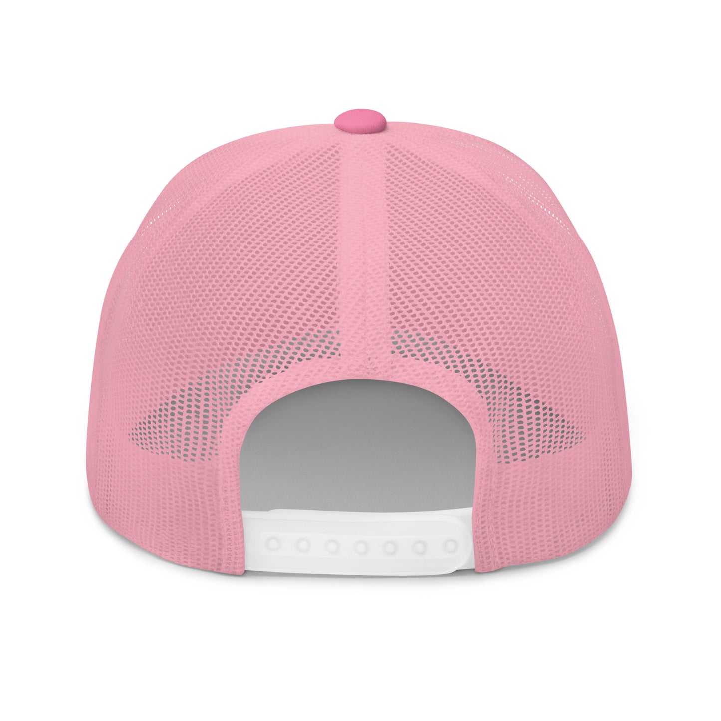Pink mesh trucker hat with tinfoil sports script embroidery white adjustable strap and matching pink button back view