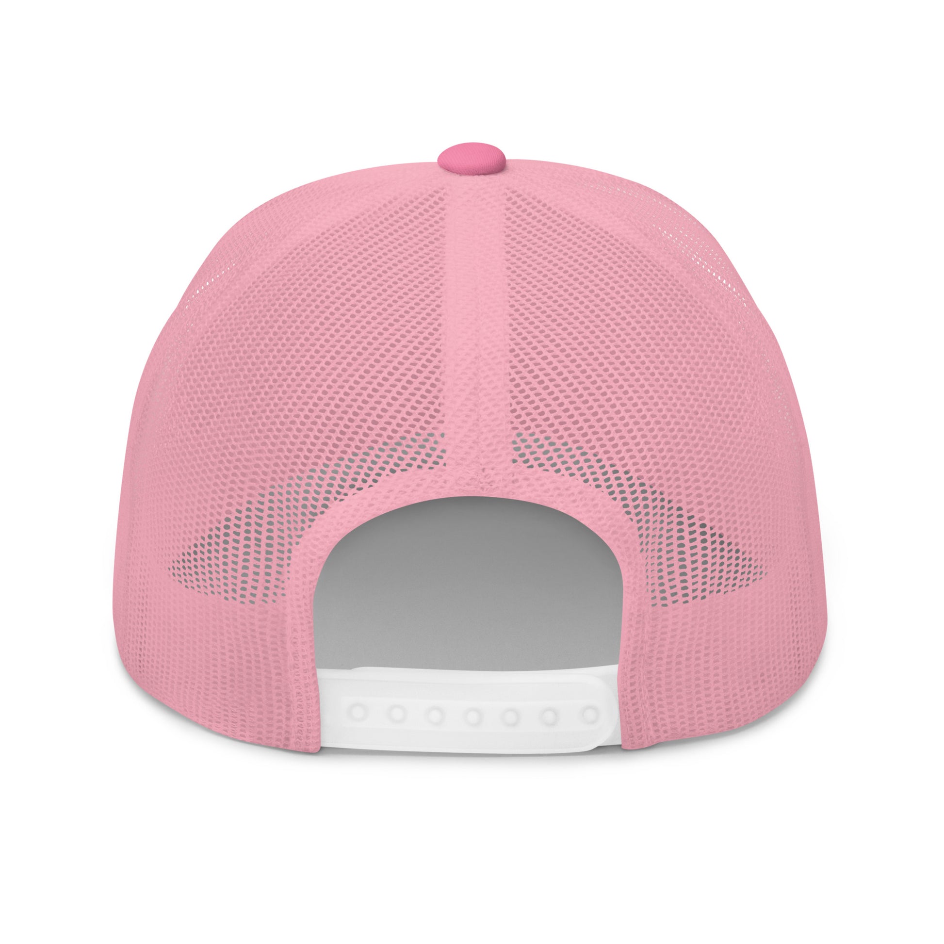 Pink mesh trucker hat with tinfoil sports script embroidery white adjustable strap and matching pink button back view