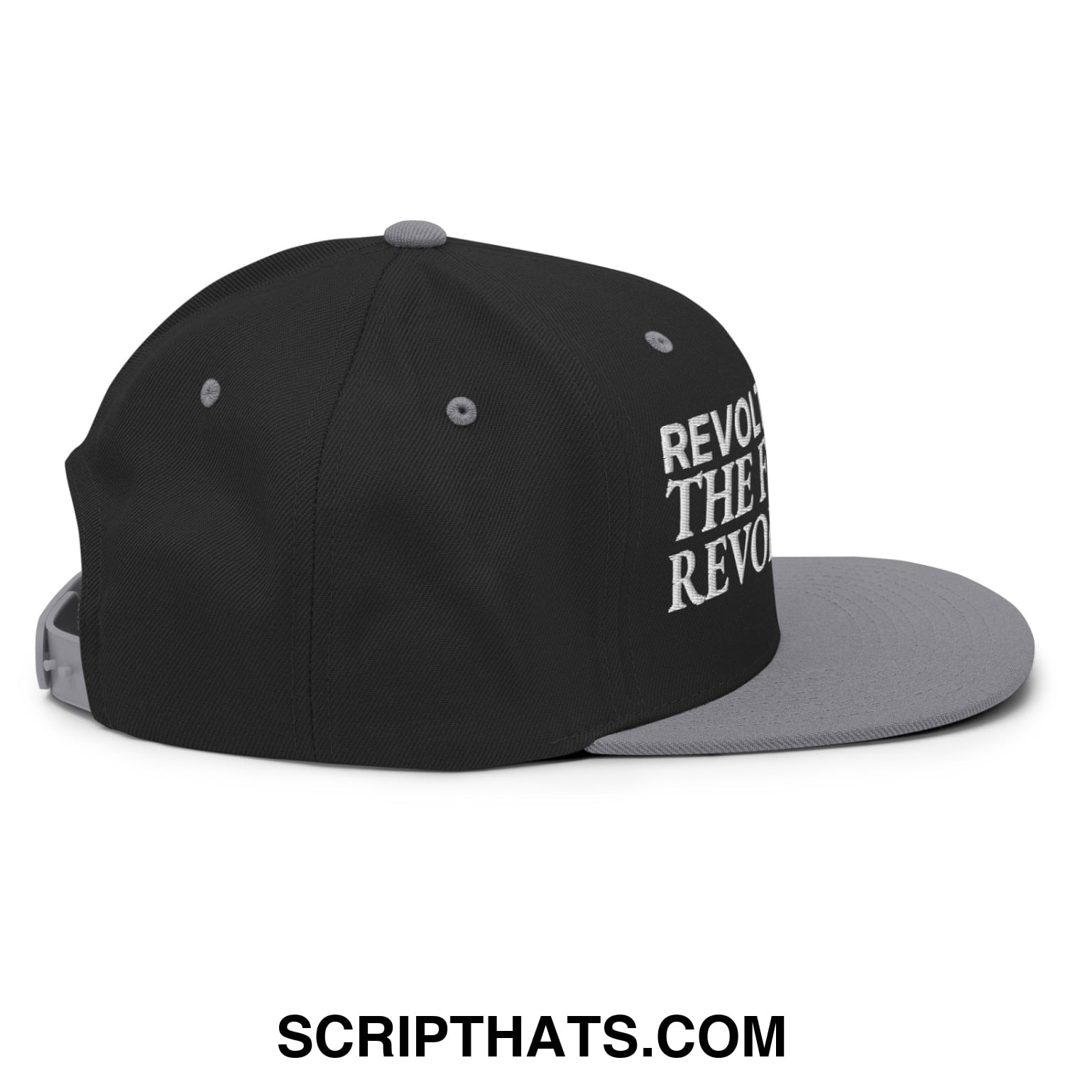 Black and gray snapback hat with white embroidered text revolt the revolution on side flat bill brim design