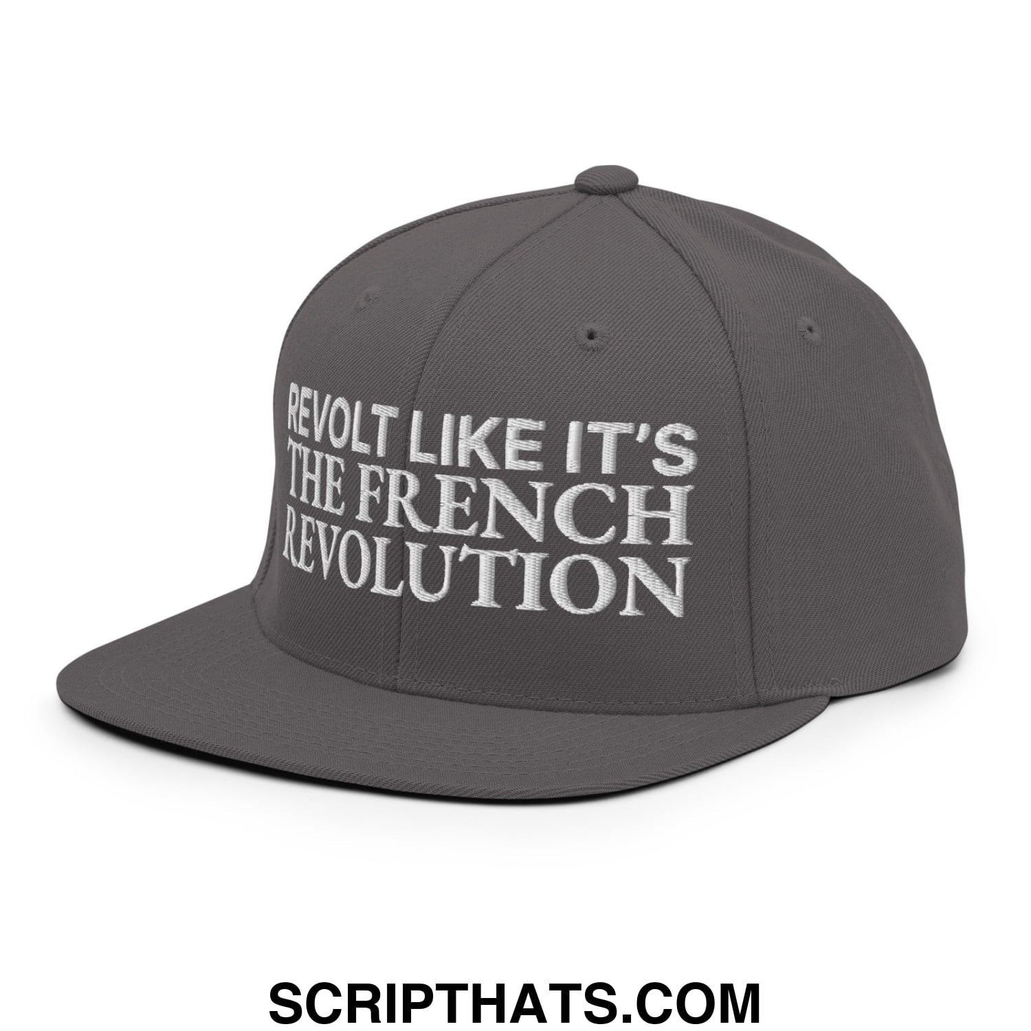 Dark gray snapback cap with white embroidered text reading revolt like it’s the french revolution on front