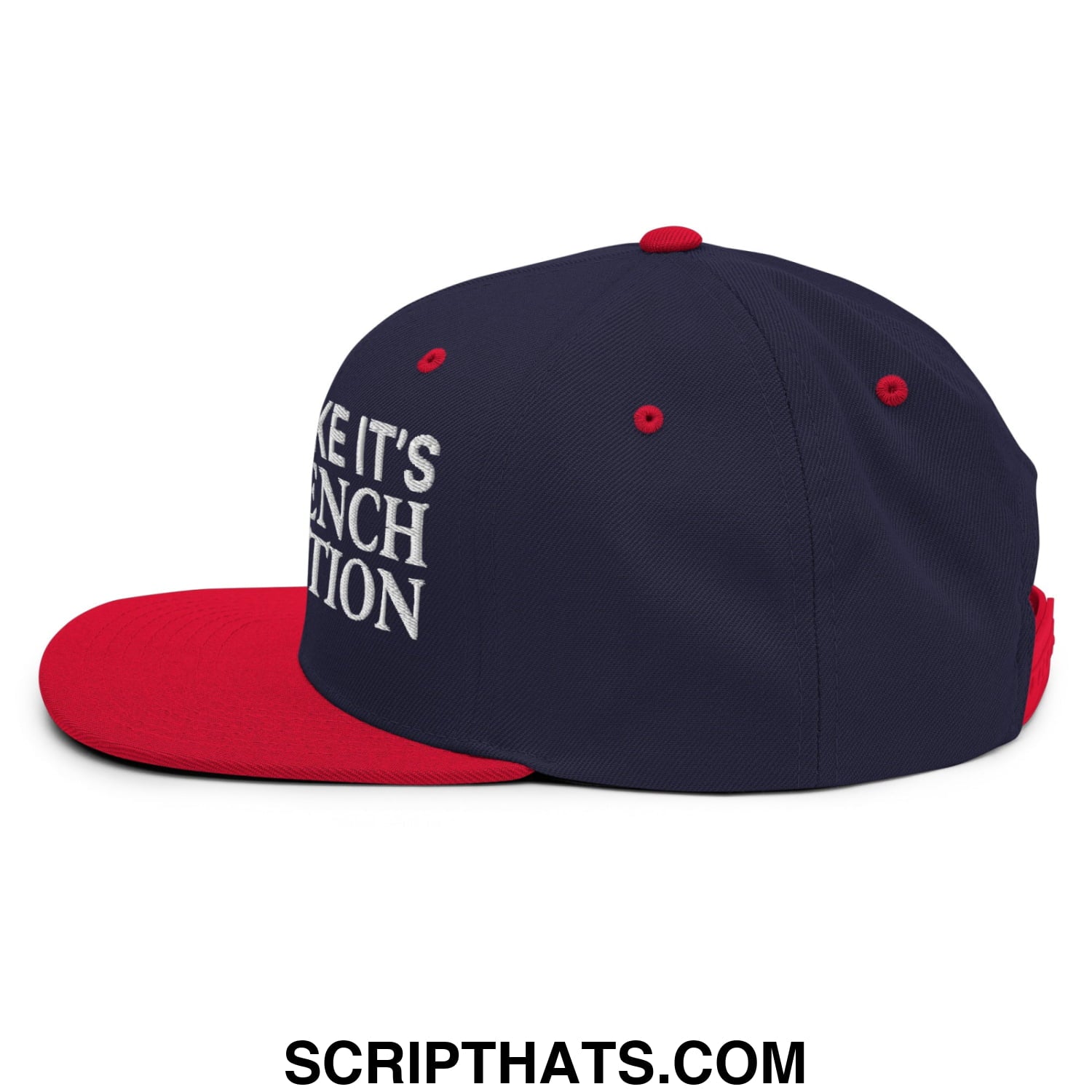 Navy blue and red snapback hat with white embroidered make it s french text flat bill brim by revolt like its the french revolution