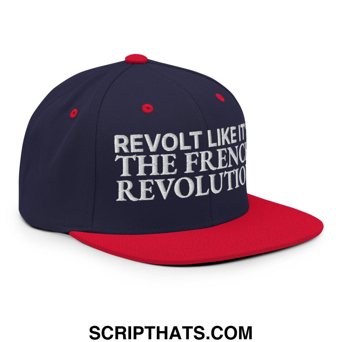 Navy blue and red snapback hat with white embroidered text revolt like it the french revolution flat bill brim