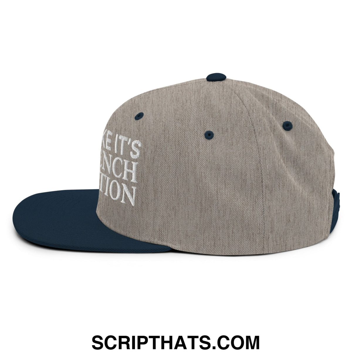 Gray and navy blue snapback cap with white embroidered text on the side from revolt like its the french revolution collection