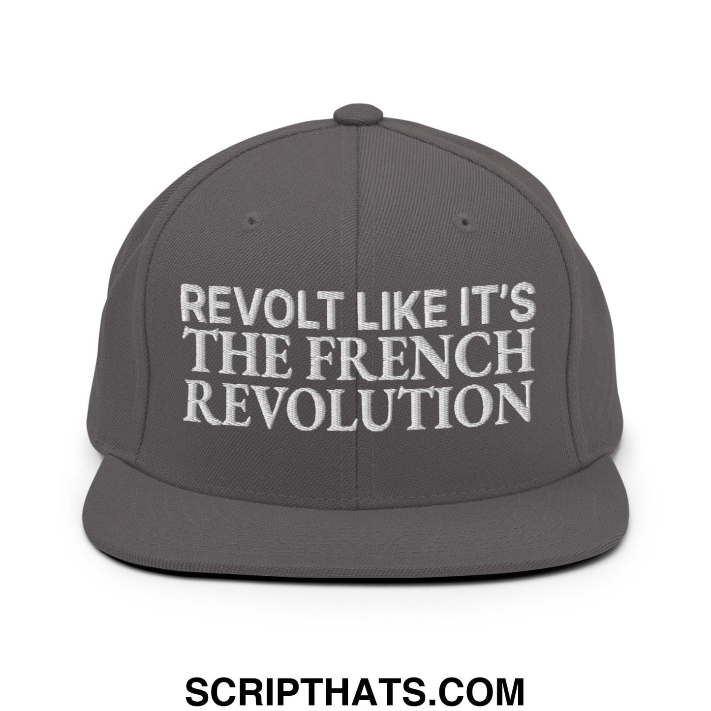 Gray snapback hat with white embroidered text reading revolt like it is the french revolution on the front