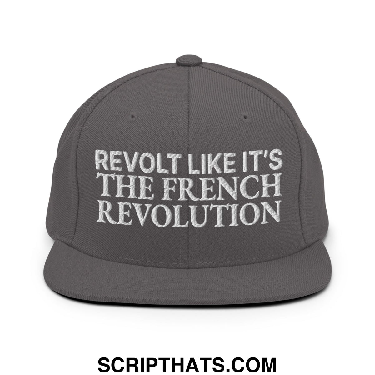 Gray snapback hat with white embroidered text reading revolt like it is the french revolution on the front