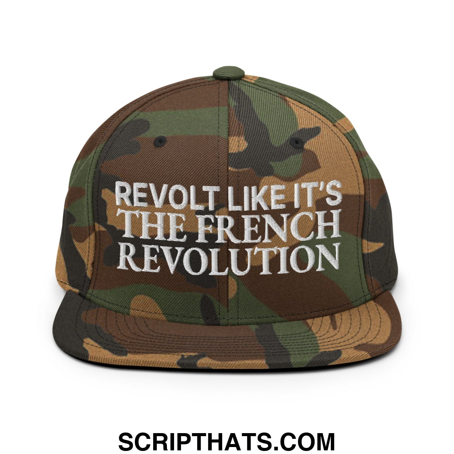 Camouflage snapback cap with white embroidered revolt like it’s the french revolution text and flat bill brim