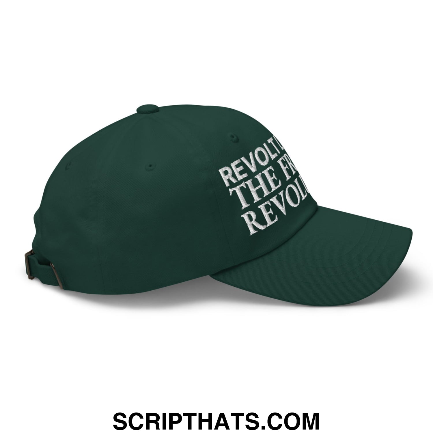 Dark green unstructured dad hat with white embroidered revolt the future revolution text for casual wear