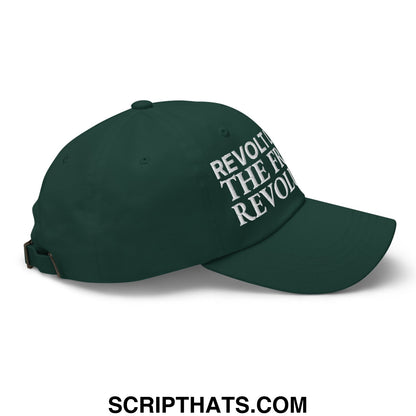 Dark green unstructured dad hat with white embroidered revolt the future revolution text for casual wear