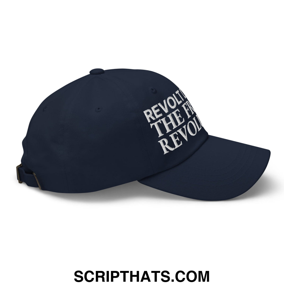 Navy blue unstructured dad hat with white embroidered revolt the future revol text for casual streetwear