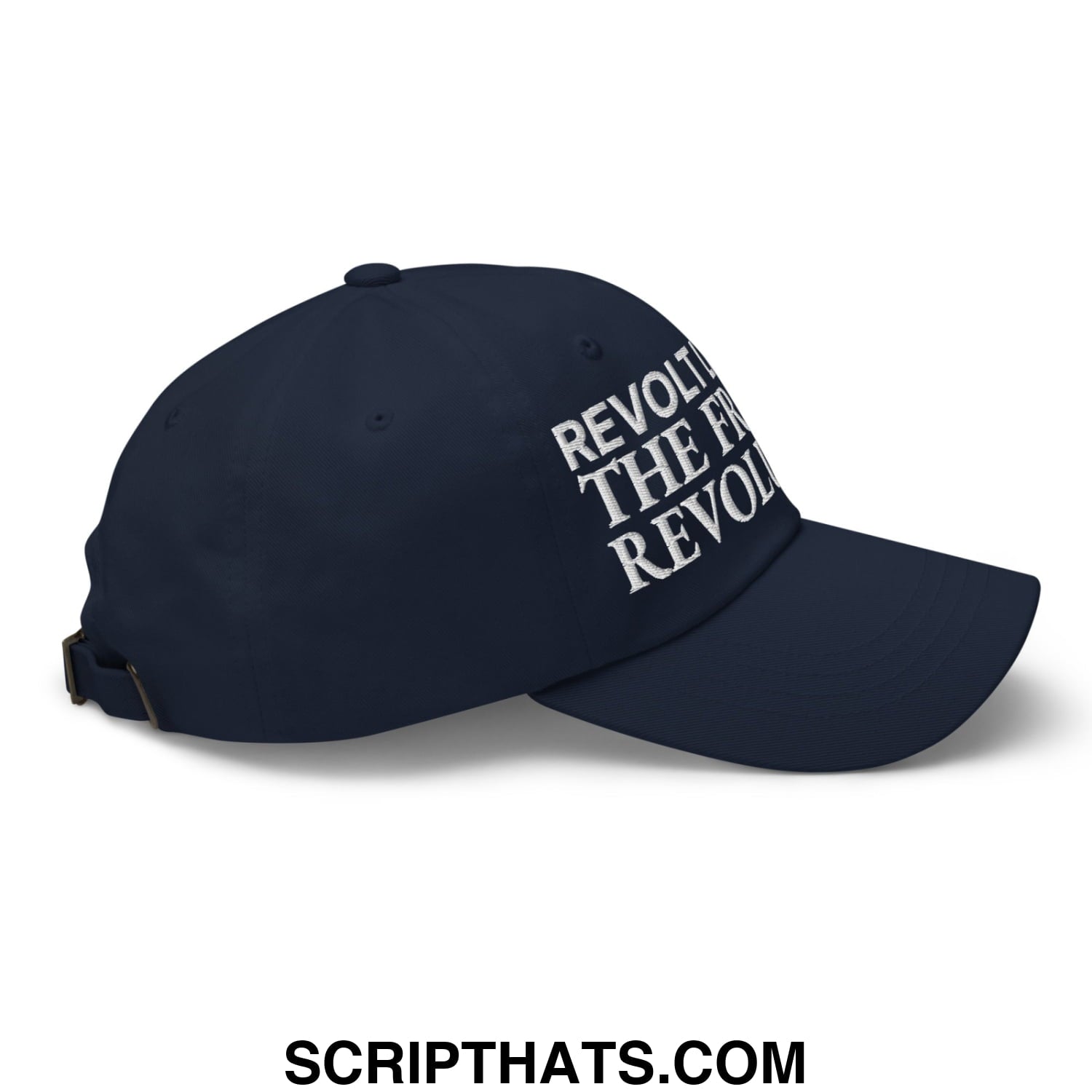 Navy blue unstructured dad hat with white embroidered revolt the future revol text for casual streetwear