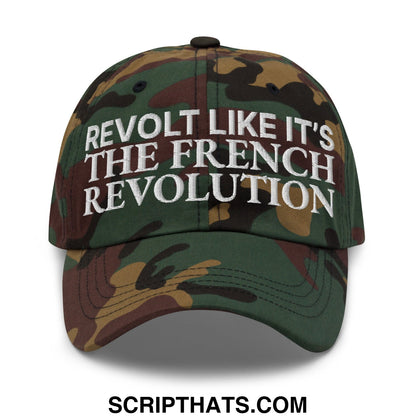Camouflage unstructured dad hat with white embroidered text revolt like it’s the french revolution