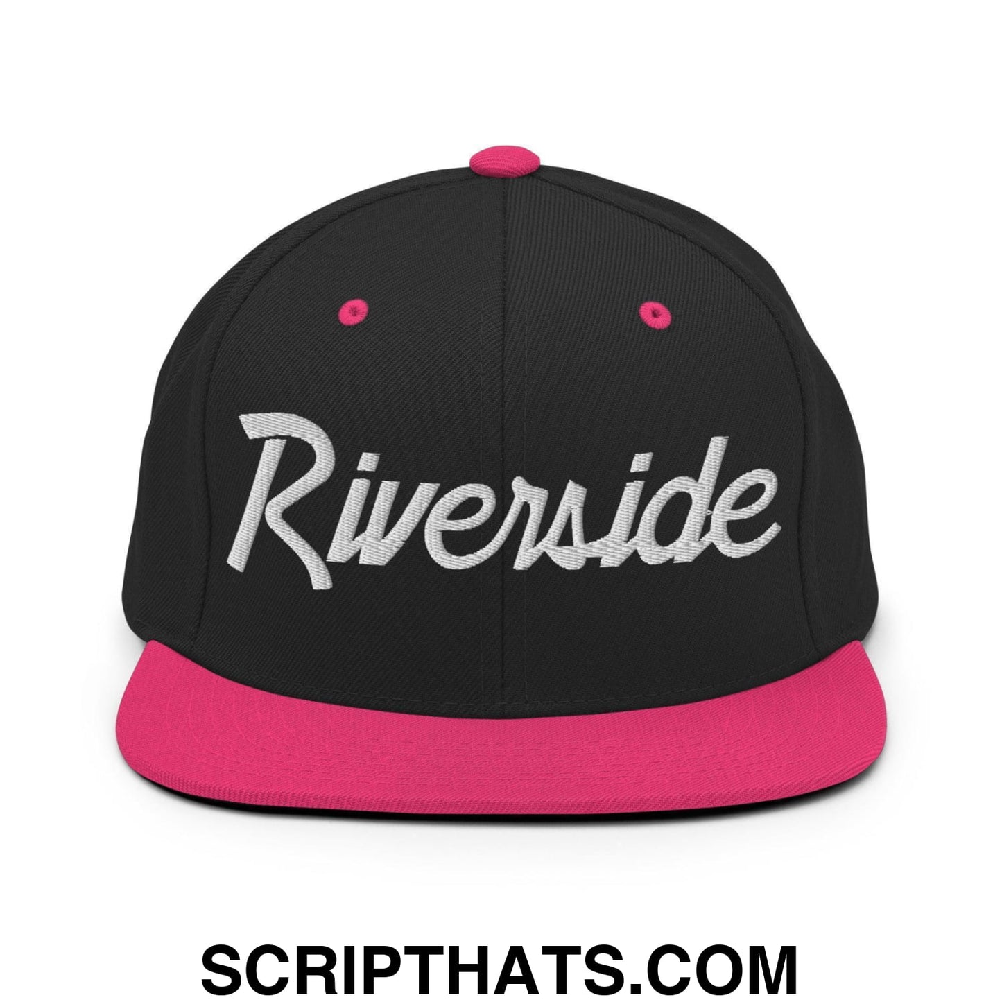 Riverside Script Snapback Hat Black Neon Pink