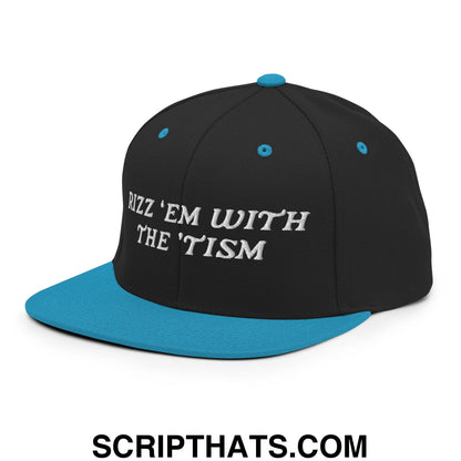 Rizz 'Em with The 'Tism Embroidered Flat Bill Brim Snapback Hat Black Teal