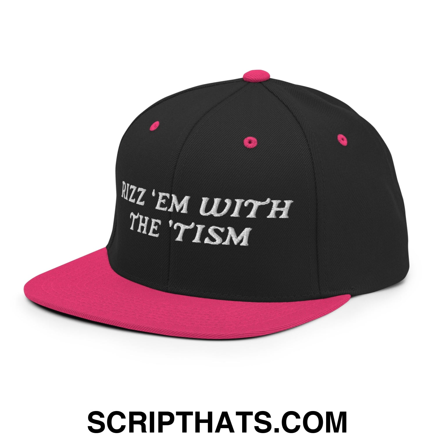 Rizz 'Em with The 'Tism Embroidered Flat Bill Brim Snapback Hat Black Neon Pink