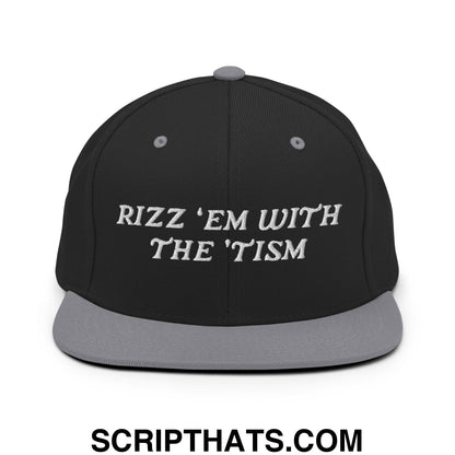 Rizz 'Em with The 'Tism Embroidered Flat Bill Brim Snapback Hat Black Silver