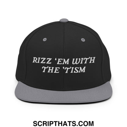 Rizz 'Em with The 'Tism Embroidered Flat Bill Brim Snapback Hat Black Silver