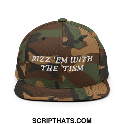 Rizz 'Em with The 'Tism Embroidered Flat Bill Brim Snapback Hat Green Camo
