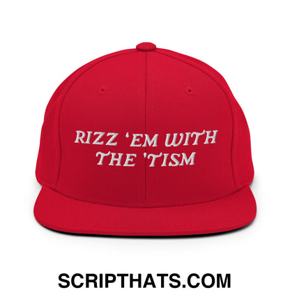 Rizz 'Em with The 'Tism Embroidered Flat Bill Brim Snapback Hat Red