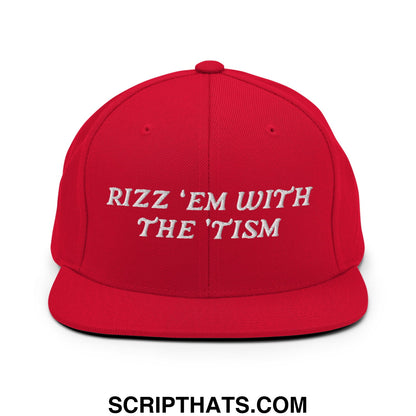 Rizz 'Em with The 'Tism Embroidered Flat Bill Brim Snapback Hat Red