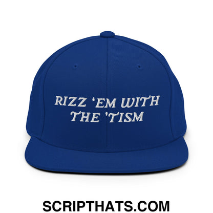 Rizz 'Em with The 'Tism Embroidered Flat Bill Brim Snapback Hat Royal Blue