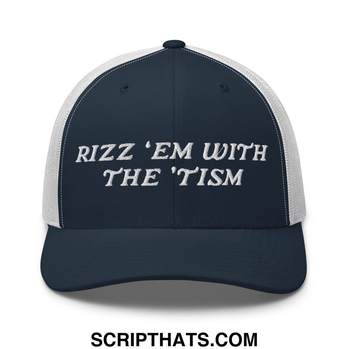 Rizz 'Em with The 'Tism Embroidered Mesh Trucker Hat Navy White