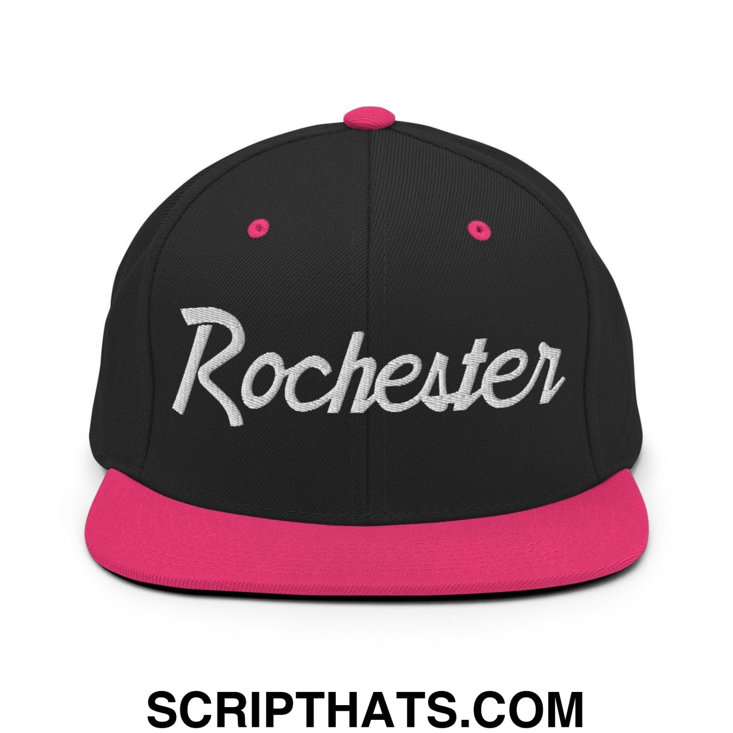 Rochester Script Snapback Hat Black Neon Pink