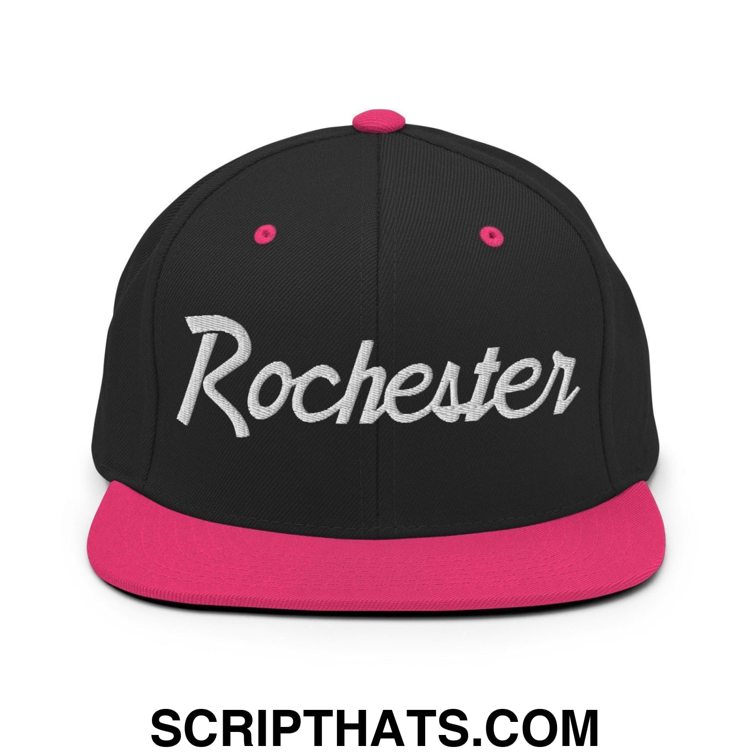 Rochester Script Snapback Hat Black Neon Pink