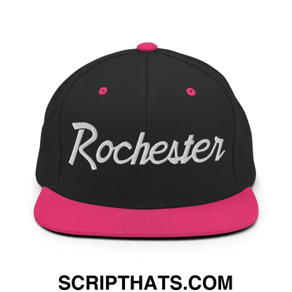 Rochester Script Snapback Hat Black Neon Pink