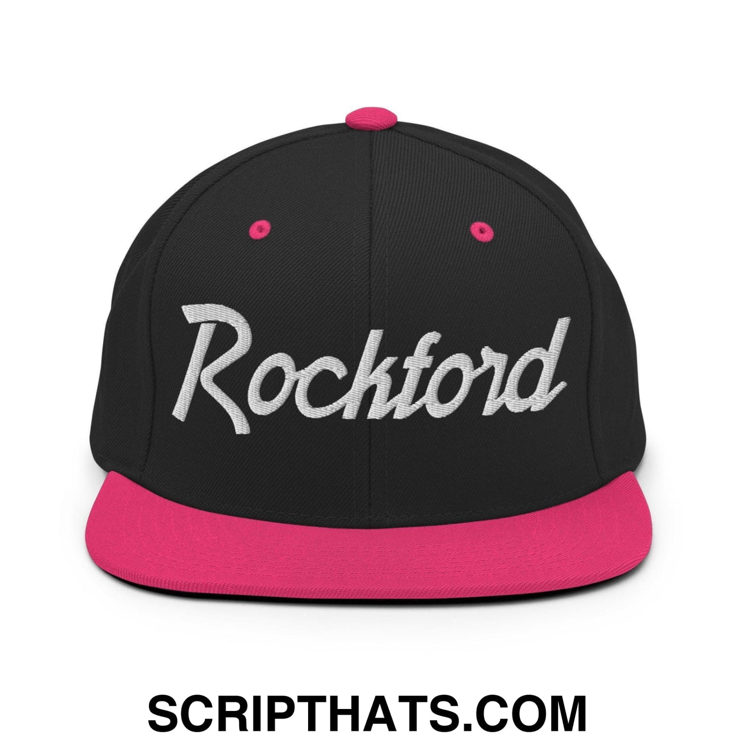 Rockford Script Snapback Hat Black Neon Pink