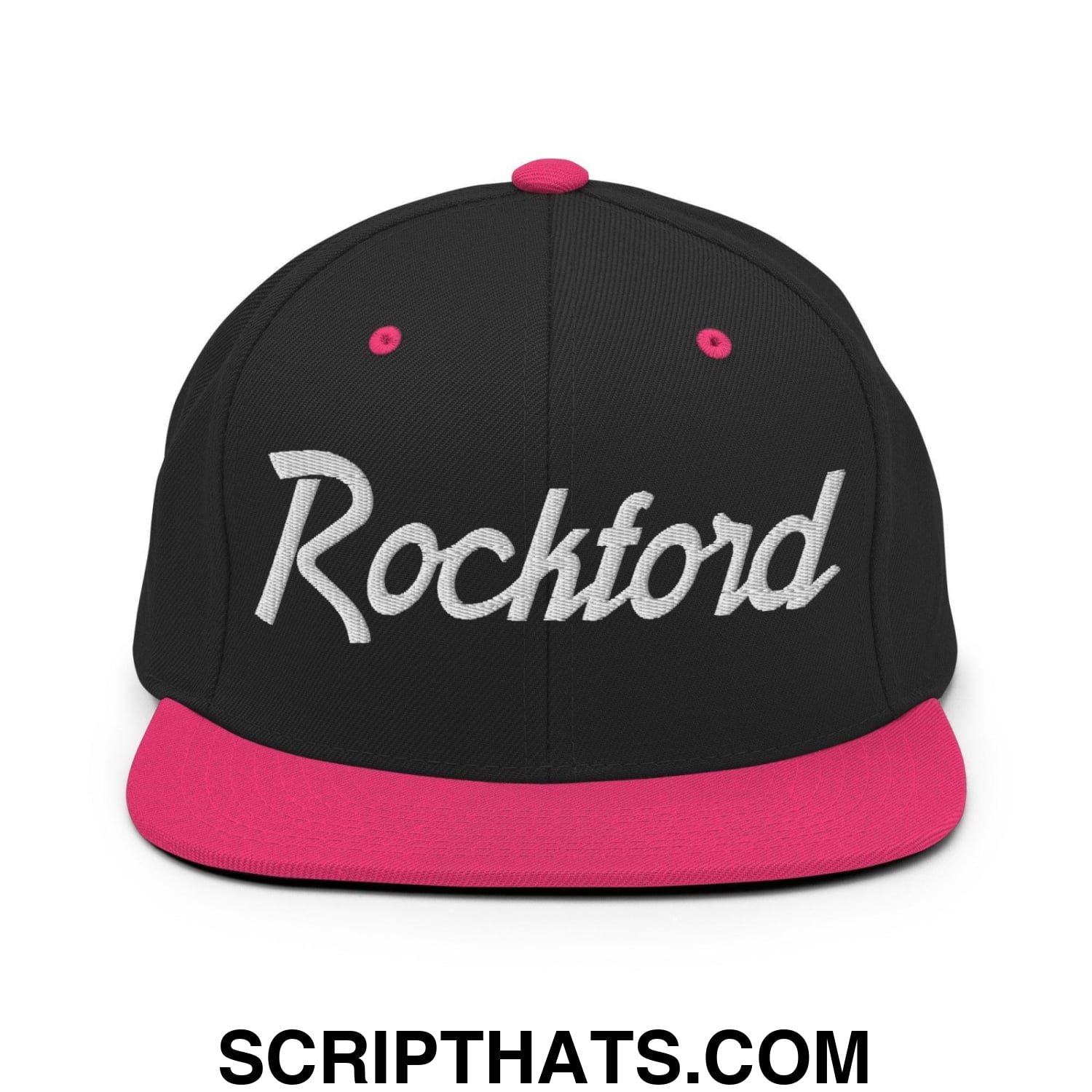 Rockford Script Snapback Hat Black Neon Pink