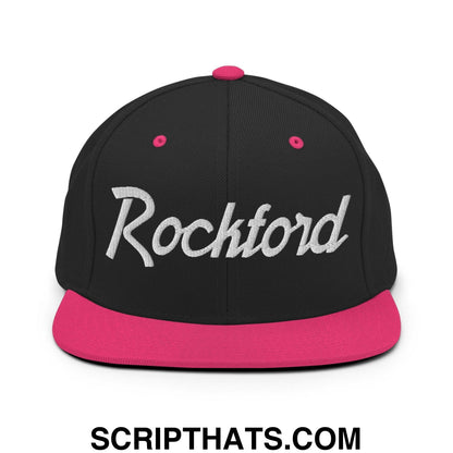 Rockford Script Snapback Hat Black Neon Pink
